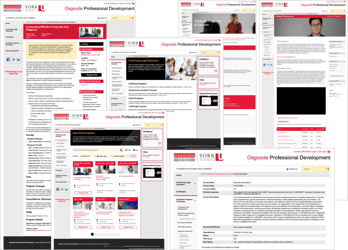 Screen captures of numerous pages of the old Osgoode PD website