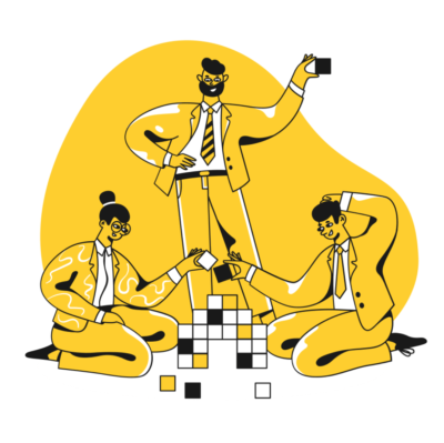 Illustration of three people playing a strategic block game