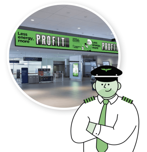 Drawing of security guard with an inset of the airport behind