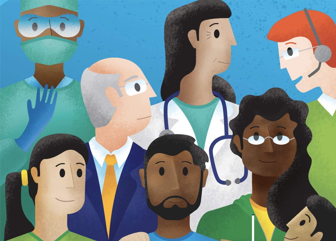 Illustration of patients, caregivers, and doctors of different types