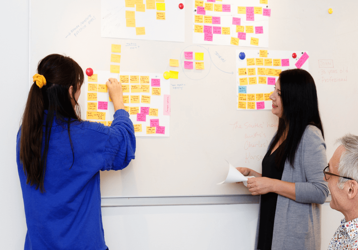 Two people discuss sticky notes on a white board
