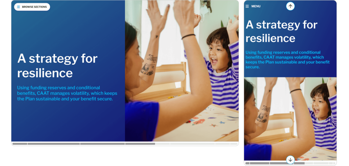 Desktop and mobile captures of a section of the site. An adult and child high five in a photograph next to text about a strategy for resilience.